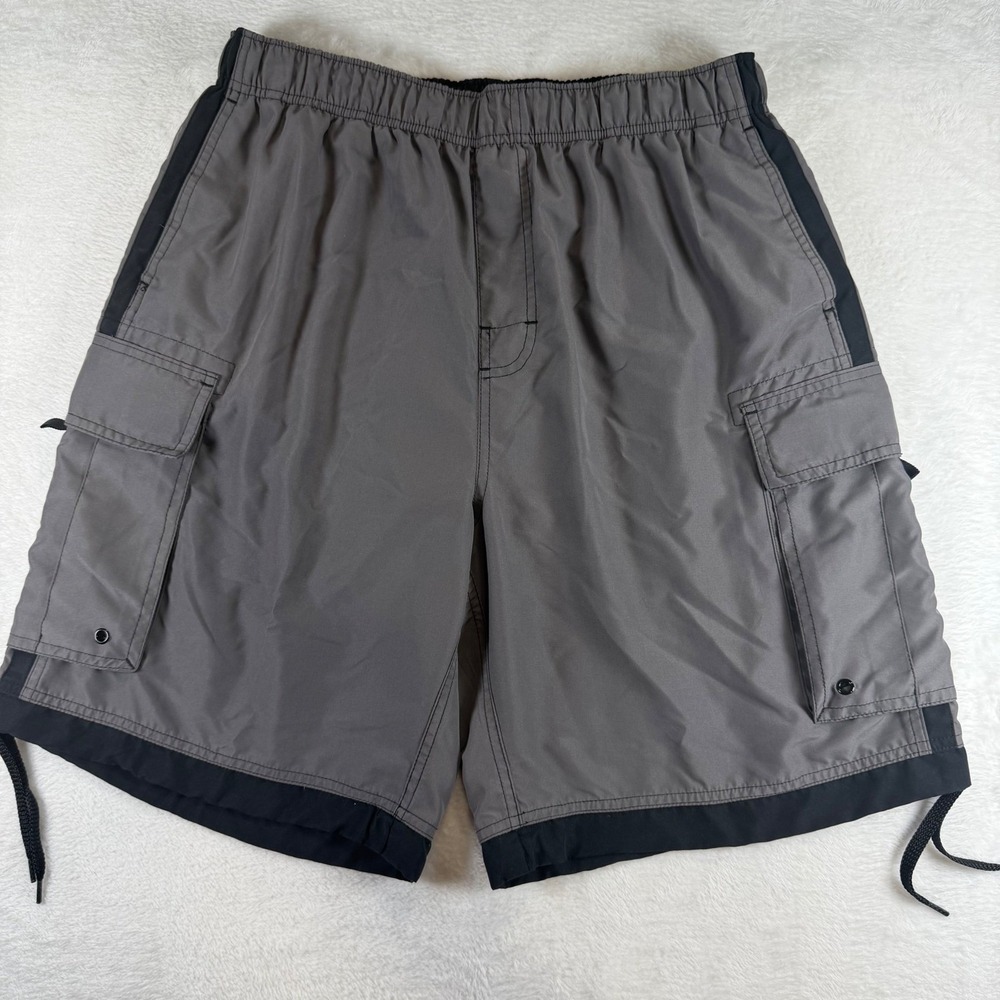 Third Coast Mens Cargo Board Shorts Gray Black Elastic Waist Swim Trunks Size L